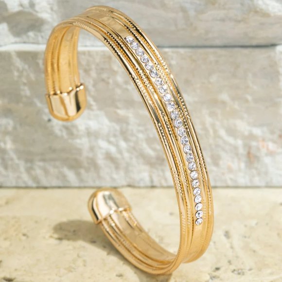 Pave Charm and Metal Textured Cuff Bracelet - Picture 1 of 3